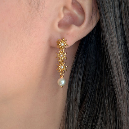 Gold Pearl Cascade Cell Earrings