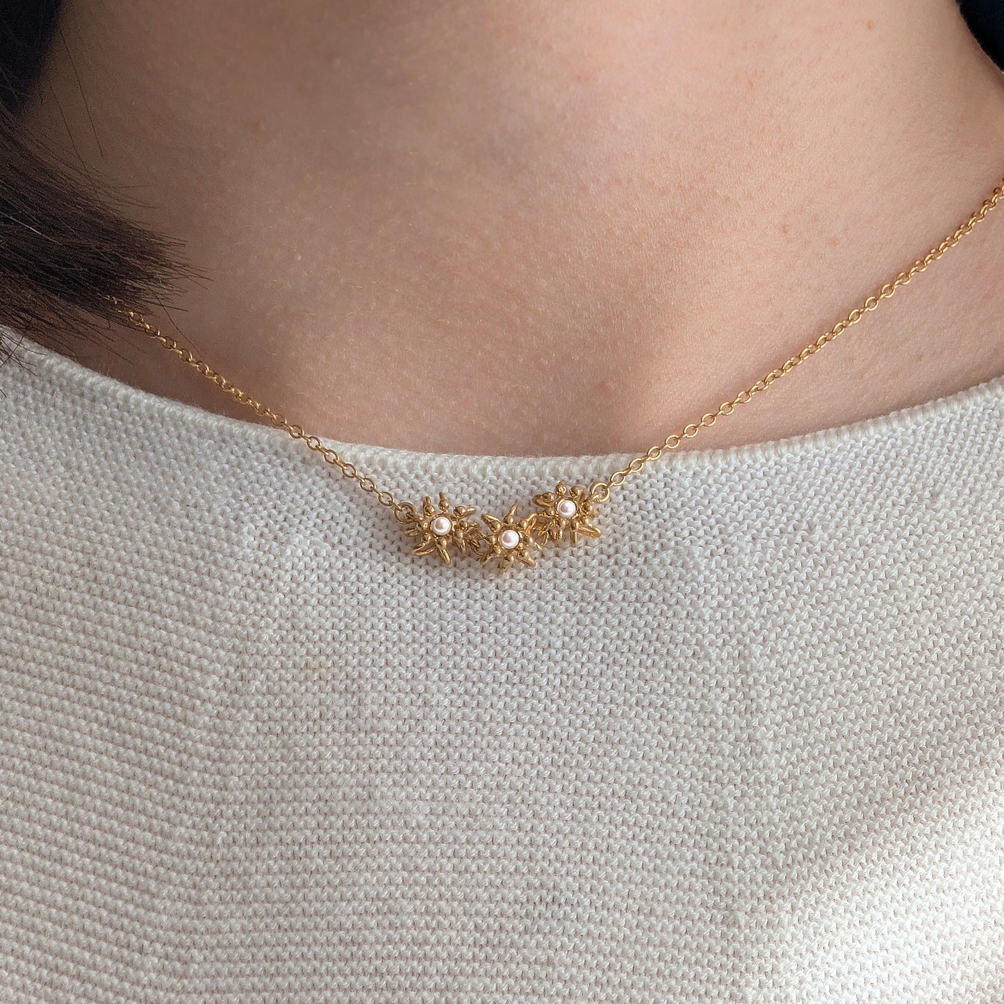 Gold Pearl Cascade Cell Necklace