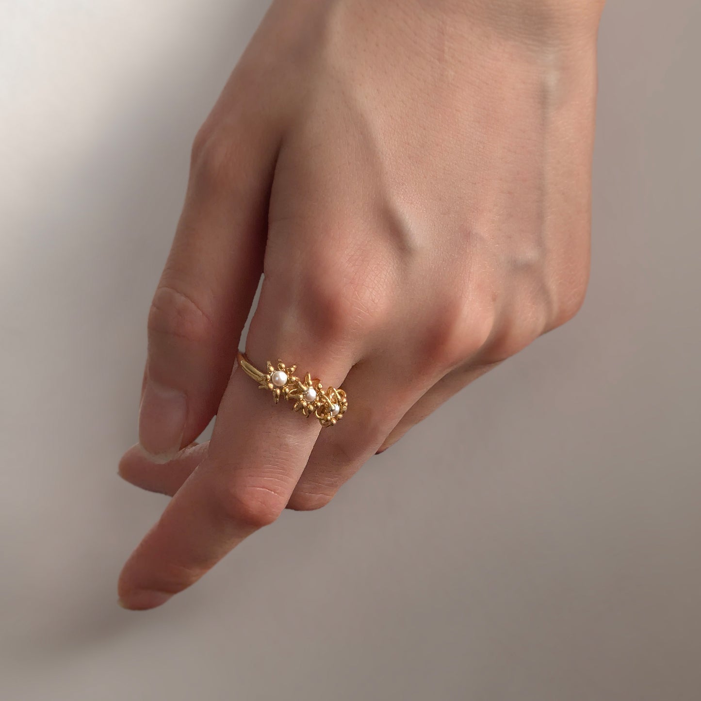 Gold Pearl Cascade Cell Ring