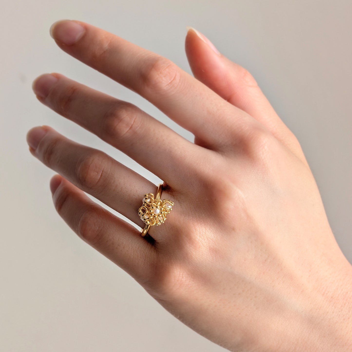 Gold Pearl Cluster Cell Ring