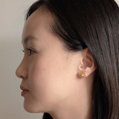 Gold Pearl Layered Cell Stud Earrings