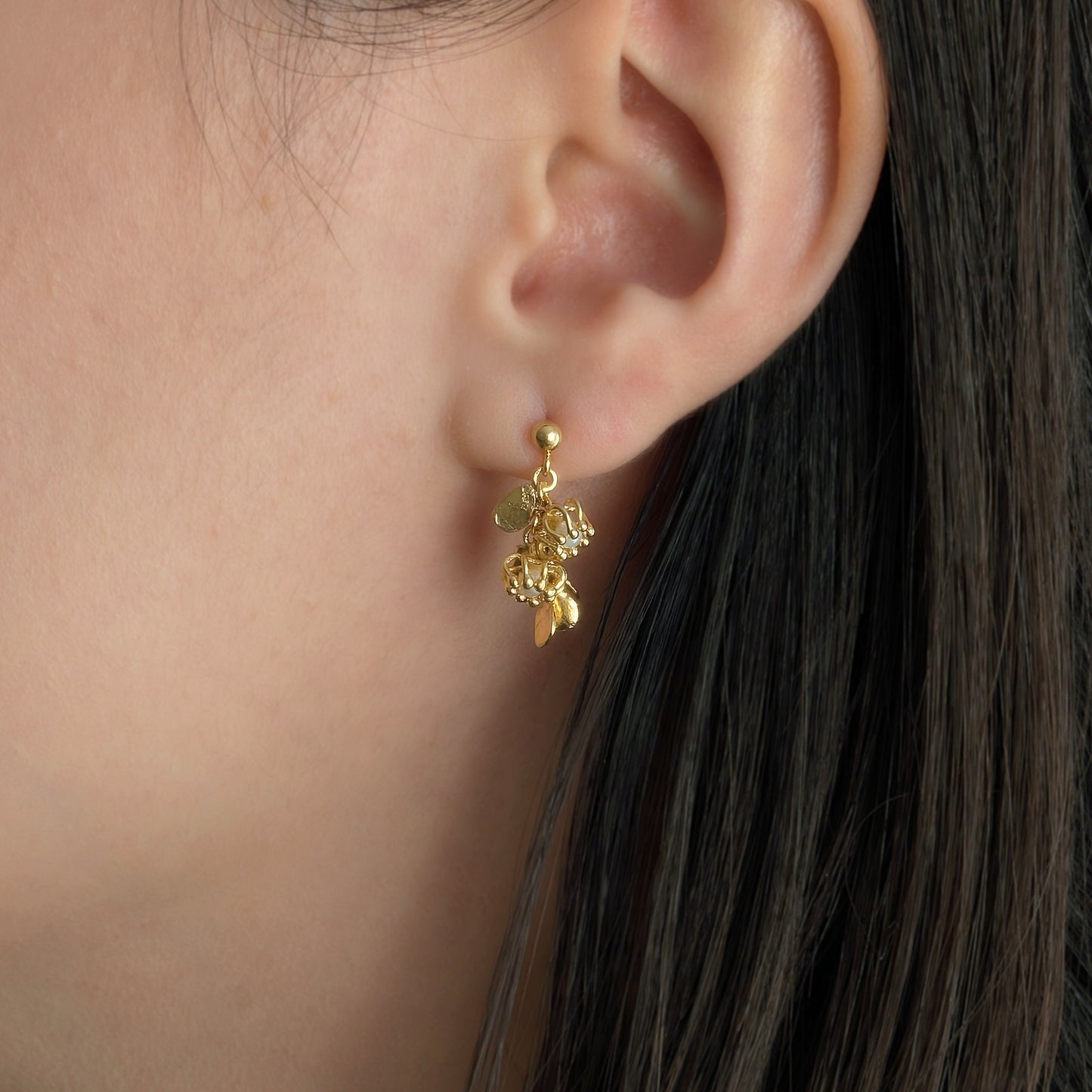 Gold Pearl Leaf Cluster Cell Earrings