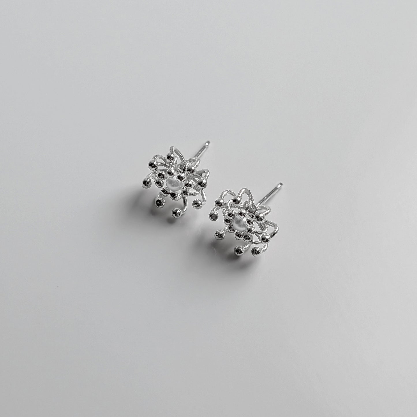 Silver Pearl Layered Cell Stud Earrings