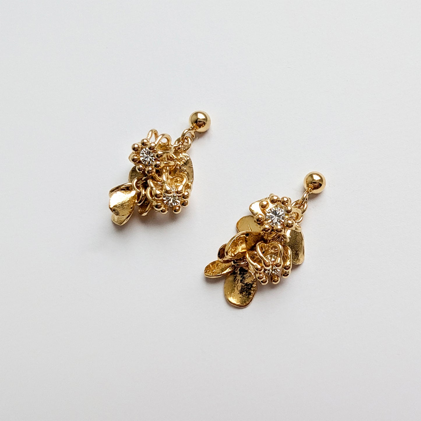 Gold Diamond Leaf Cluster Cell Earrings