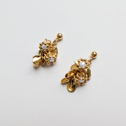 Gold Pearl Leaf Cluster Cell Earrings