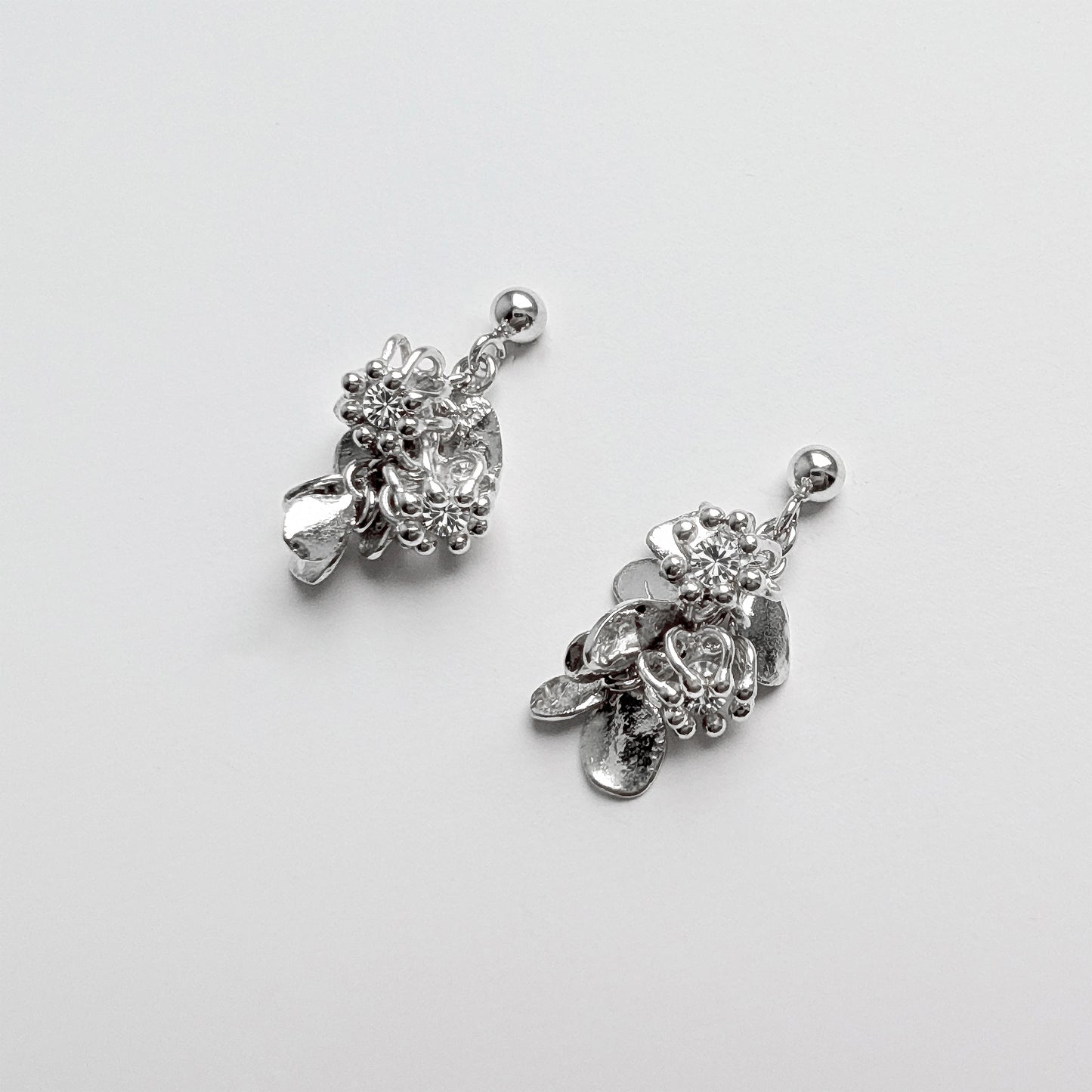 Silver Diamond Leaf Cluster Cell Earrings