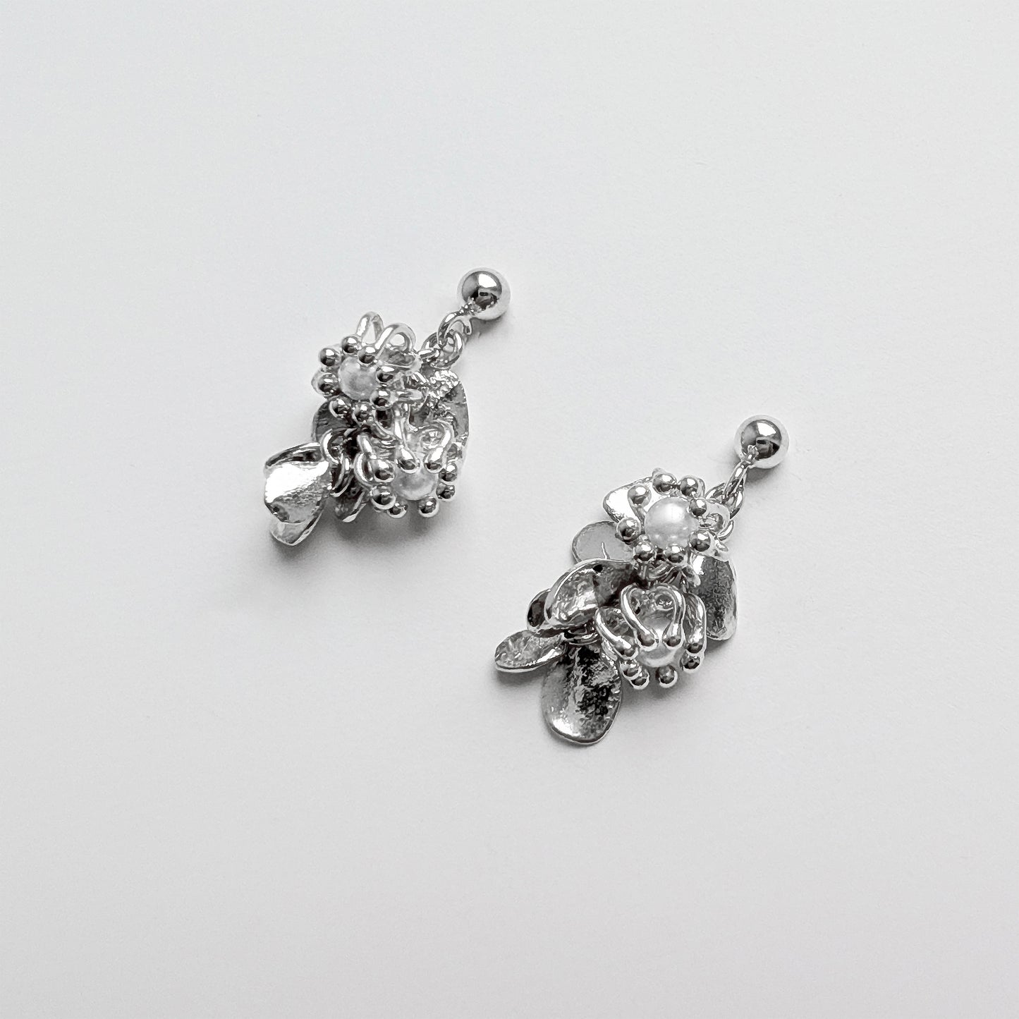Silver Pearl Leaf Cluster Cell Earrings