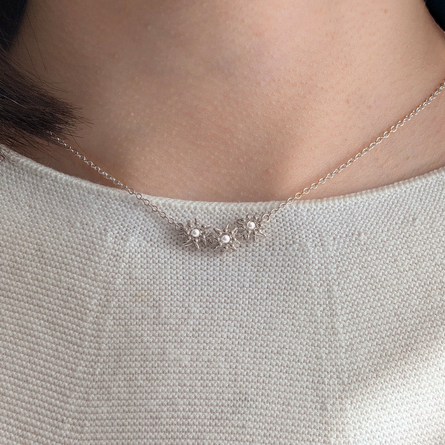 Silver Pearl Cascade Cell Necklace
