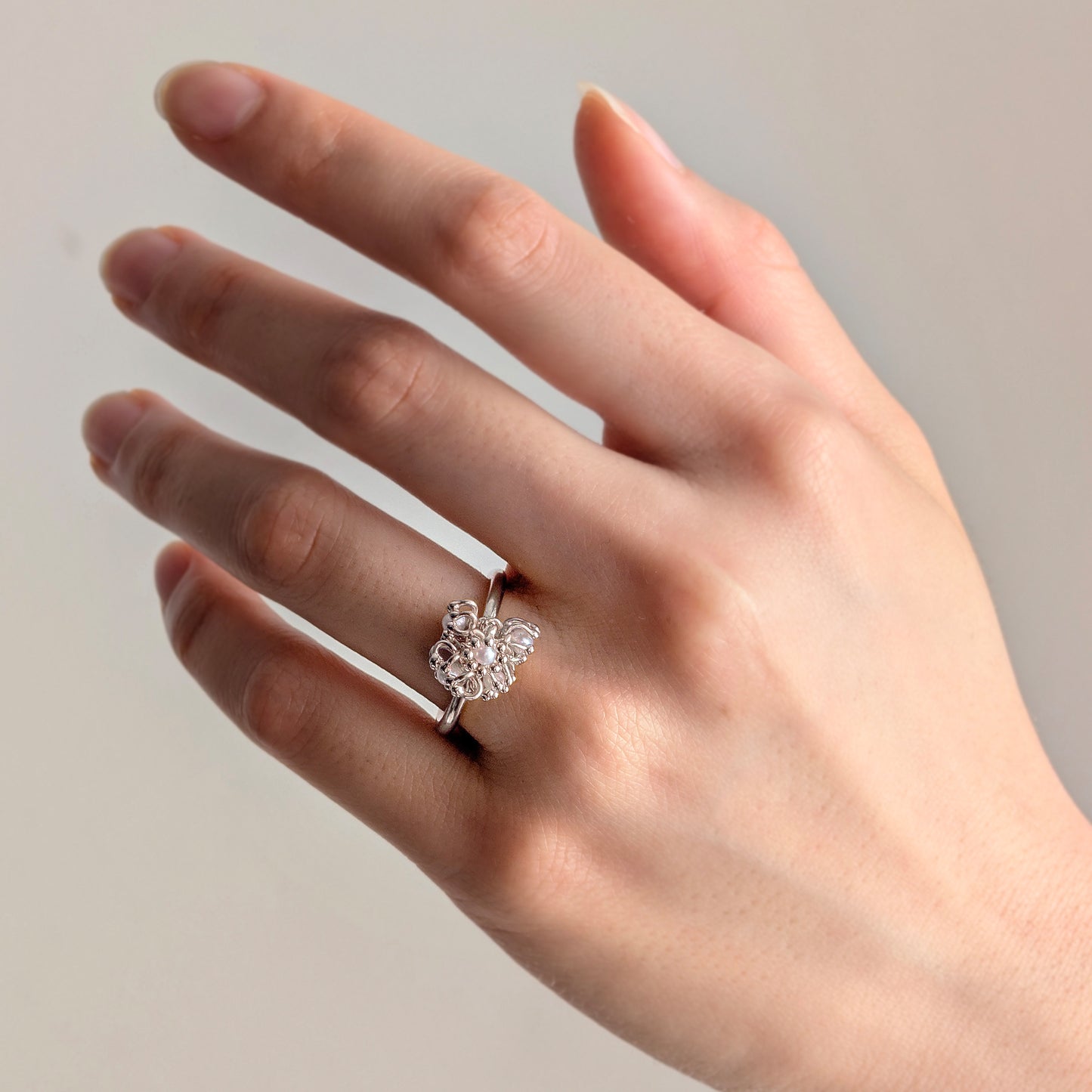 Silver Pearl Cluster Cell Ring