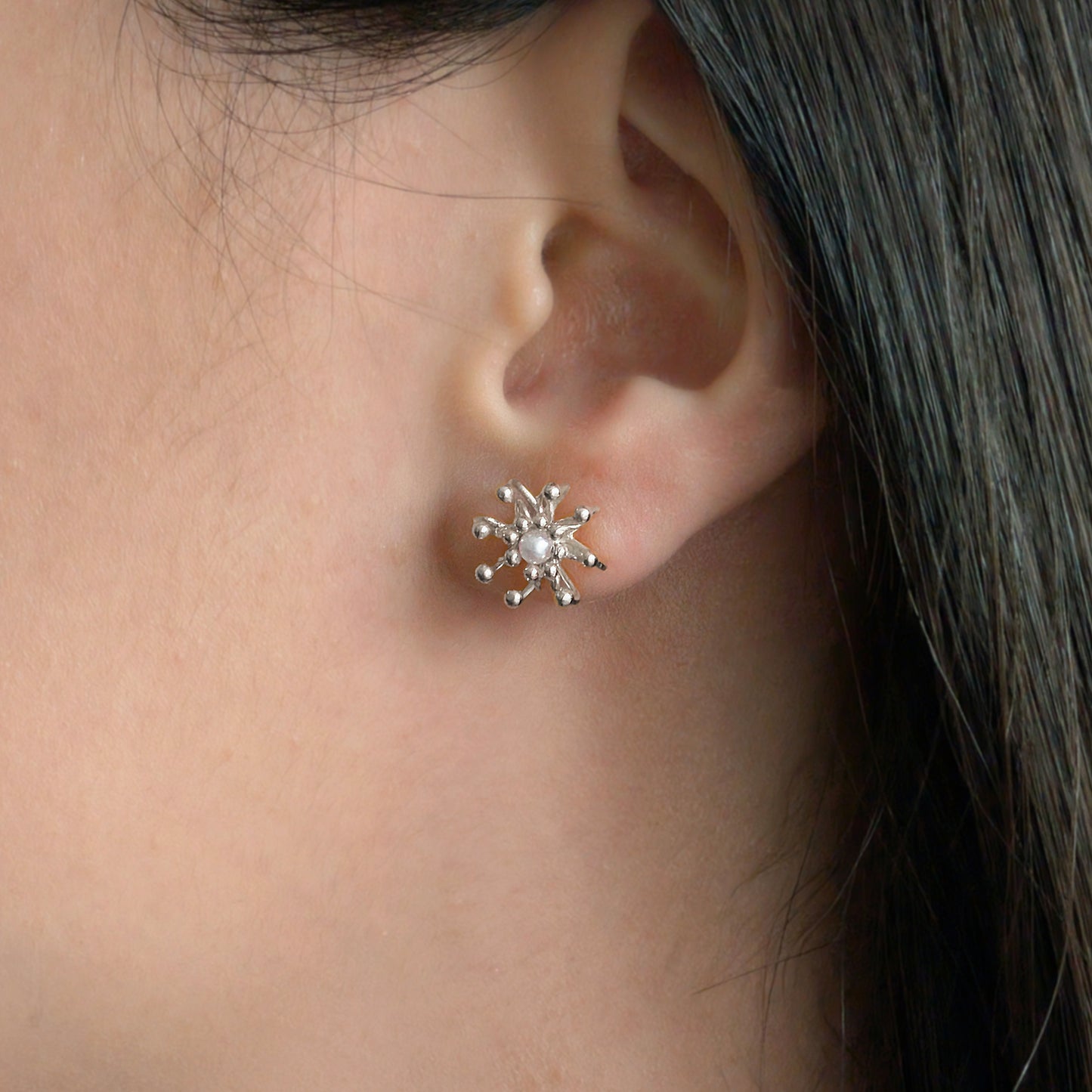 Silver Pearl Layered Cell Stud Earrings