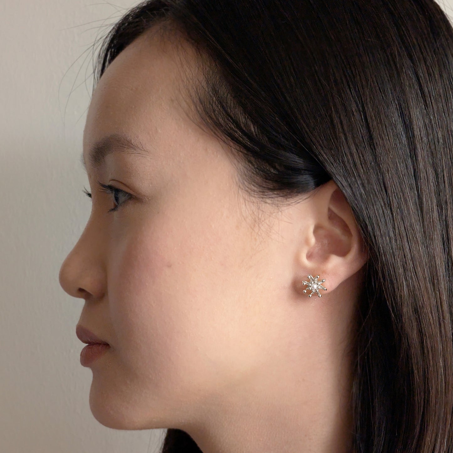 Silver Pearl Layered Cell Stud Earrings