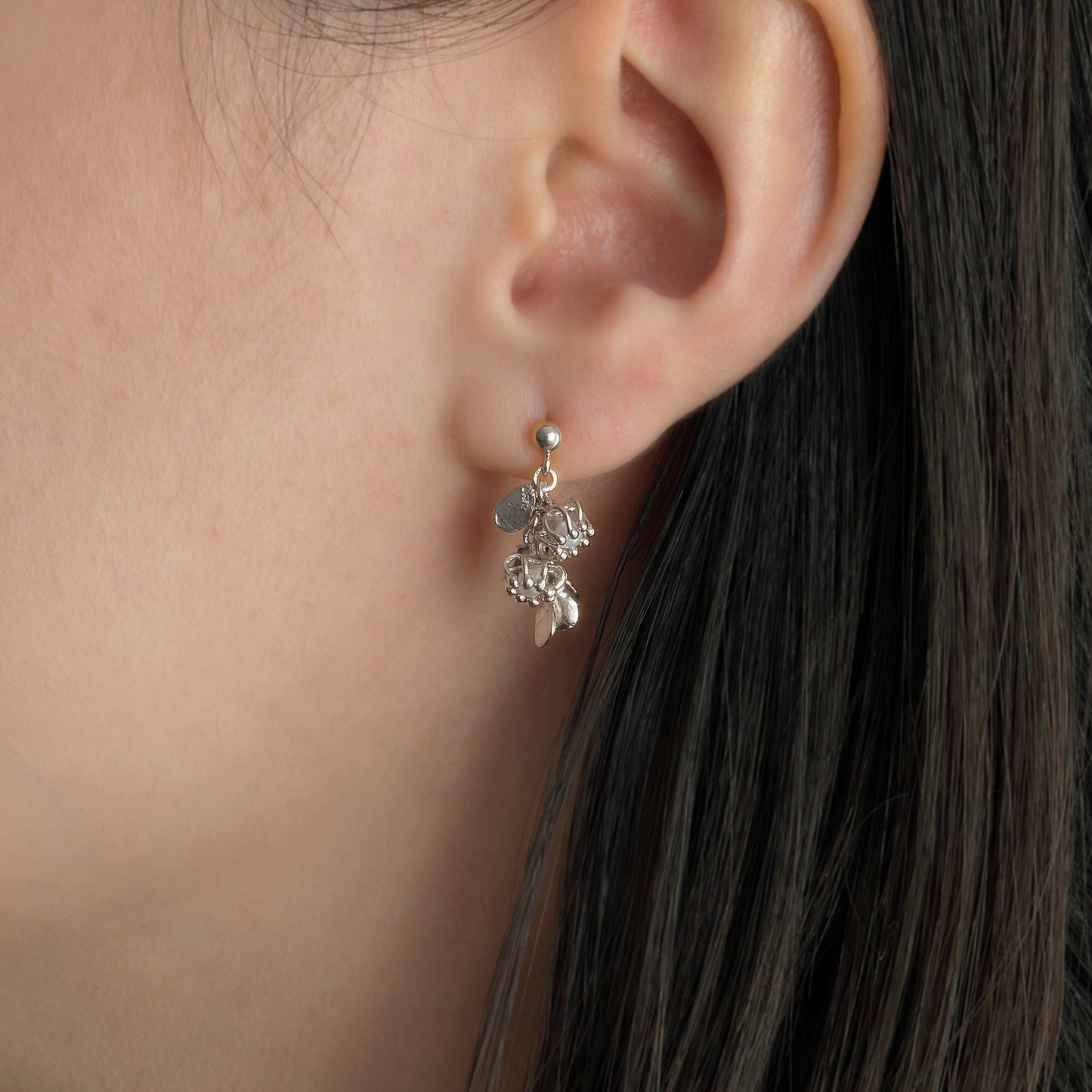 Silver Pearl Leaf Cluster Cell Earrings
