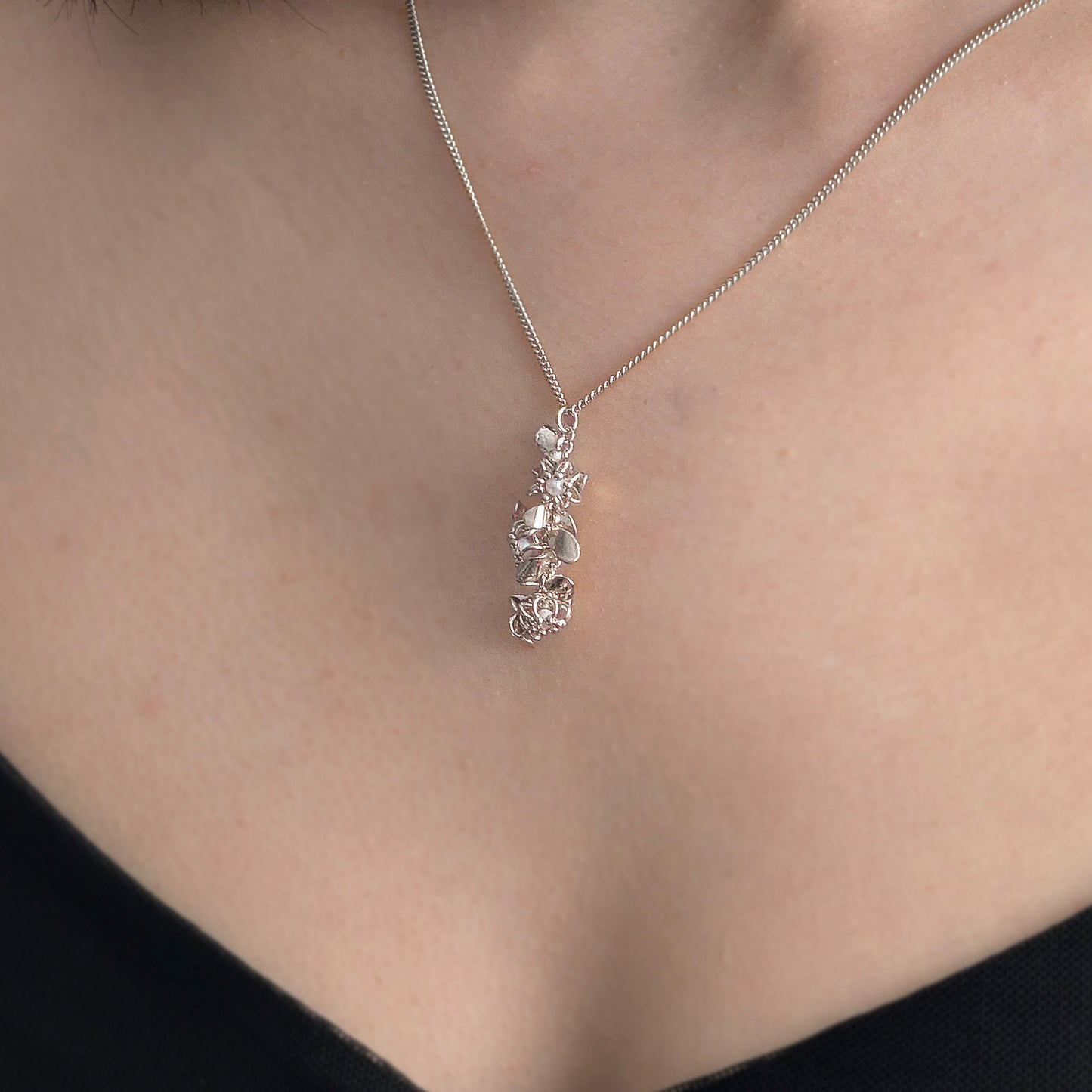 Silver Pearl Leaf Cluster Cell Necklace